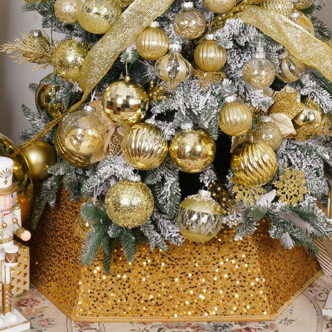 XmasExp front view of gold sequin collar covering tree stand, polished finish