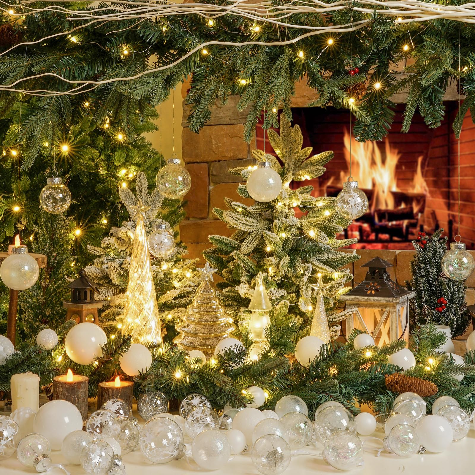 XmasExp ornaments hanging on a decorated tree creating bright contrast
