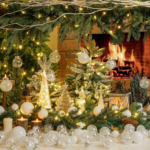 XmasExp ornaments hanging on a decorated tree creating bright contrast