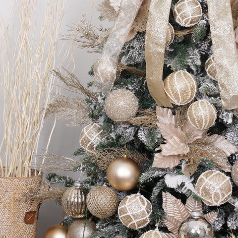 XmasExp mantel display with ornaments adding polished holiday decor