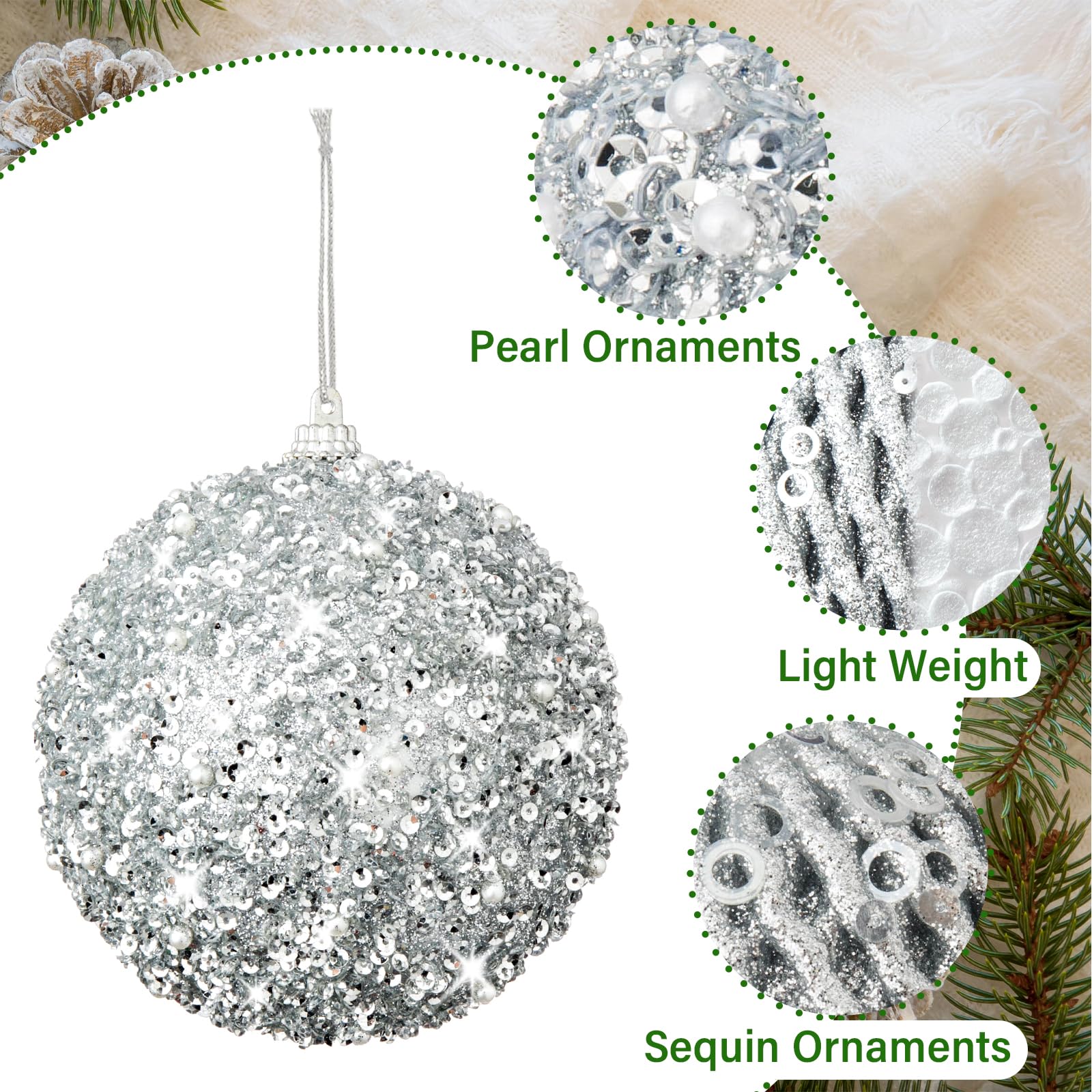 XmasExp silver ornament hanging on tree providing bright light reflection