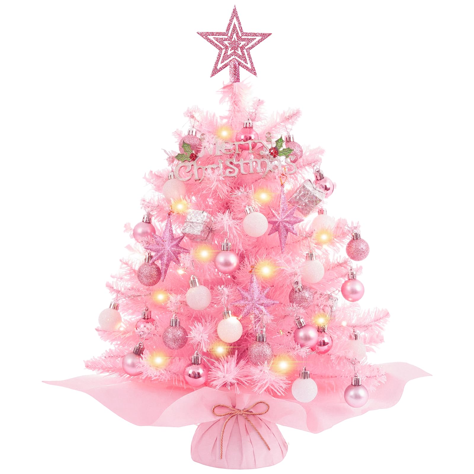 XmasExp small pink tree front view showing full decorations and lights
