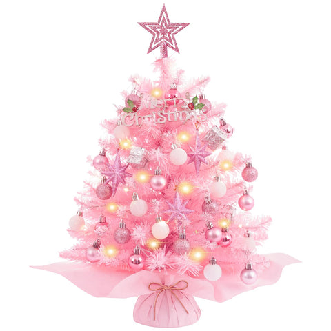 XmasExp small pink tree front view showing full decorations and lights