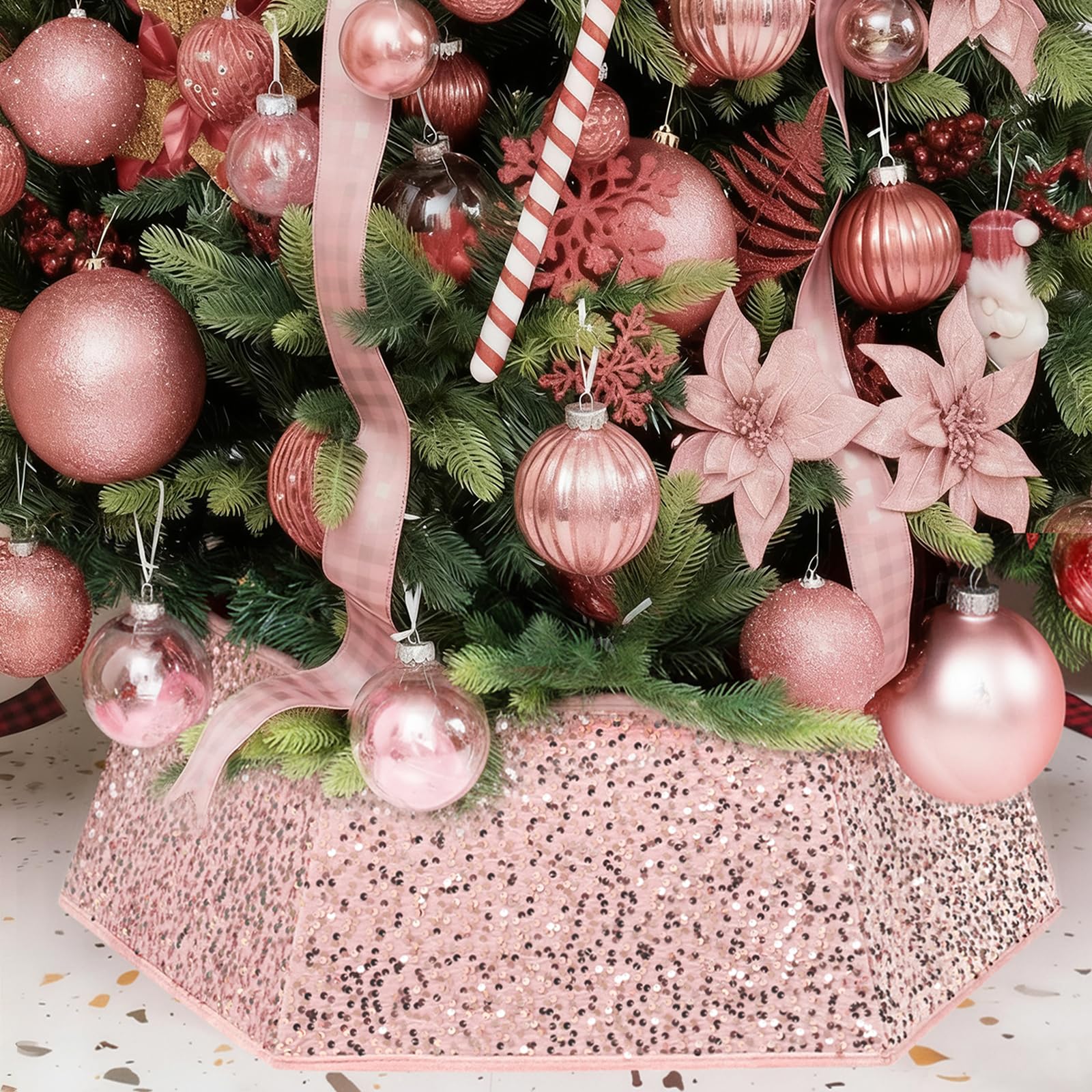 XmasExp rose gold sequin tree collar front view showing polished holiday base cover benefit