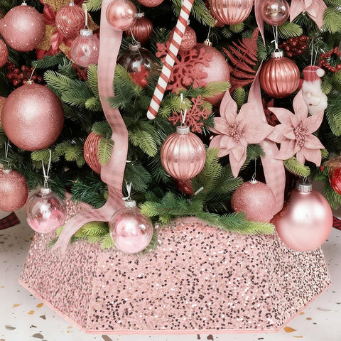 XmasExp rose gold sequin tree collar front view showing polished holiday base cover benefit