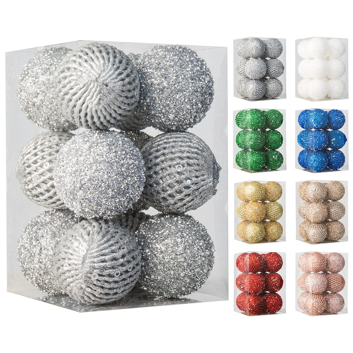 XmasExp front packaging showing 12 silver sequin ornaments and immediate styling benefit