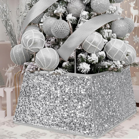 XmasExp Silvergrey front view showing full tree collar covering base and clean finish
