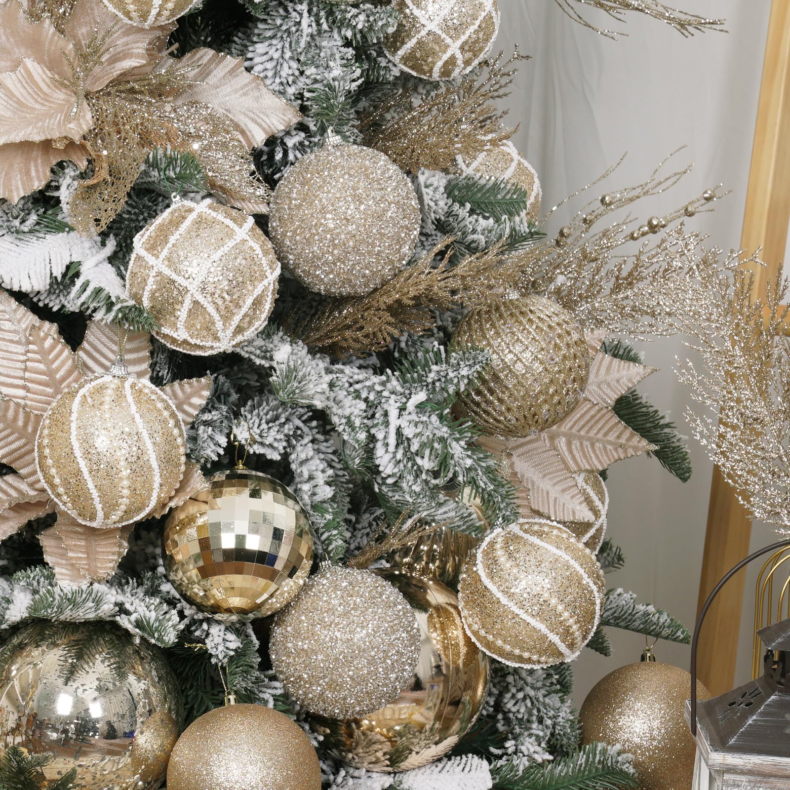 XmasExp ornaments on lit tree creating warm sparkle and full appearance