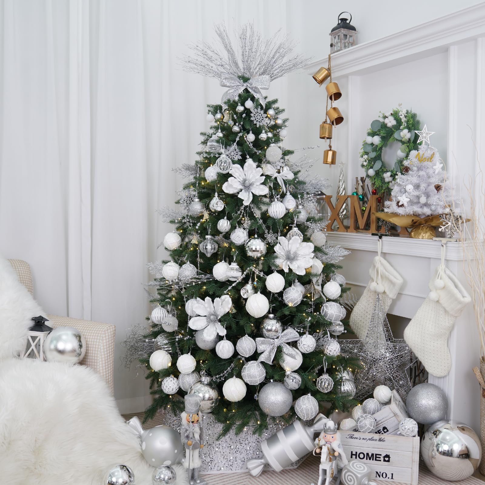 XmasExp ornaments styled on wreath and garland enhancing doorway appeal