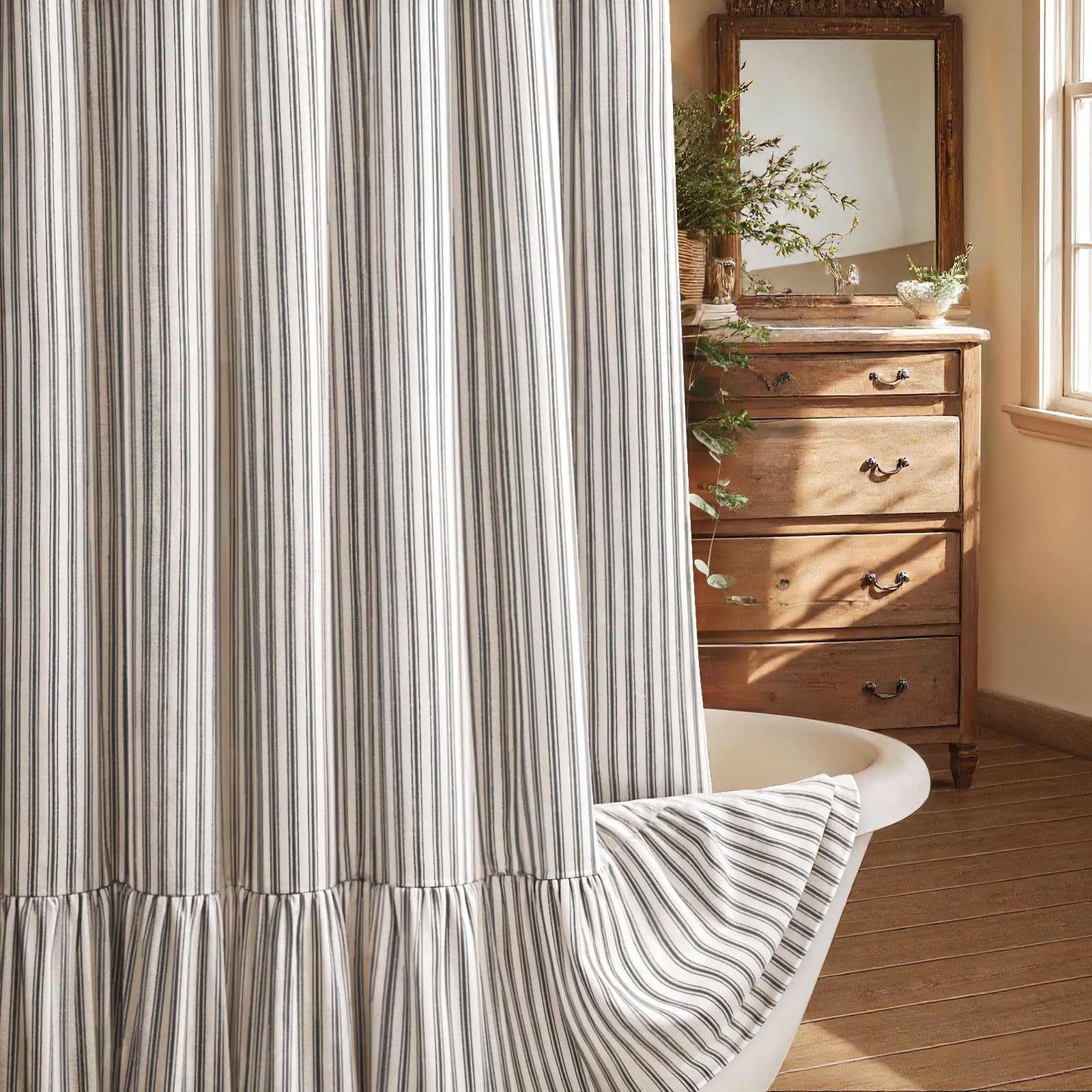 XOGUIBO front view cream-black stripe curtain showing farmhouse charm