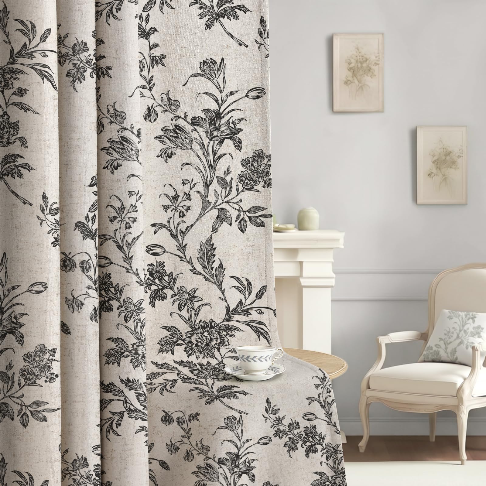XOGUIBO front view of black floral blackout curtains showing style and coverage