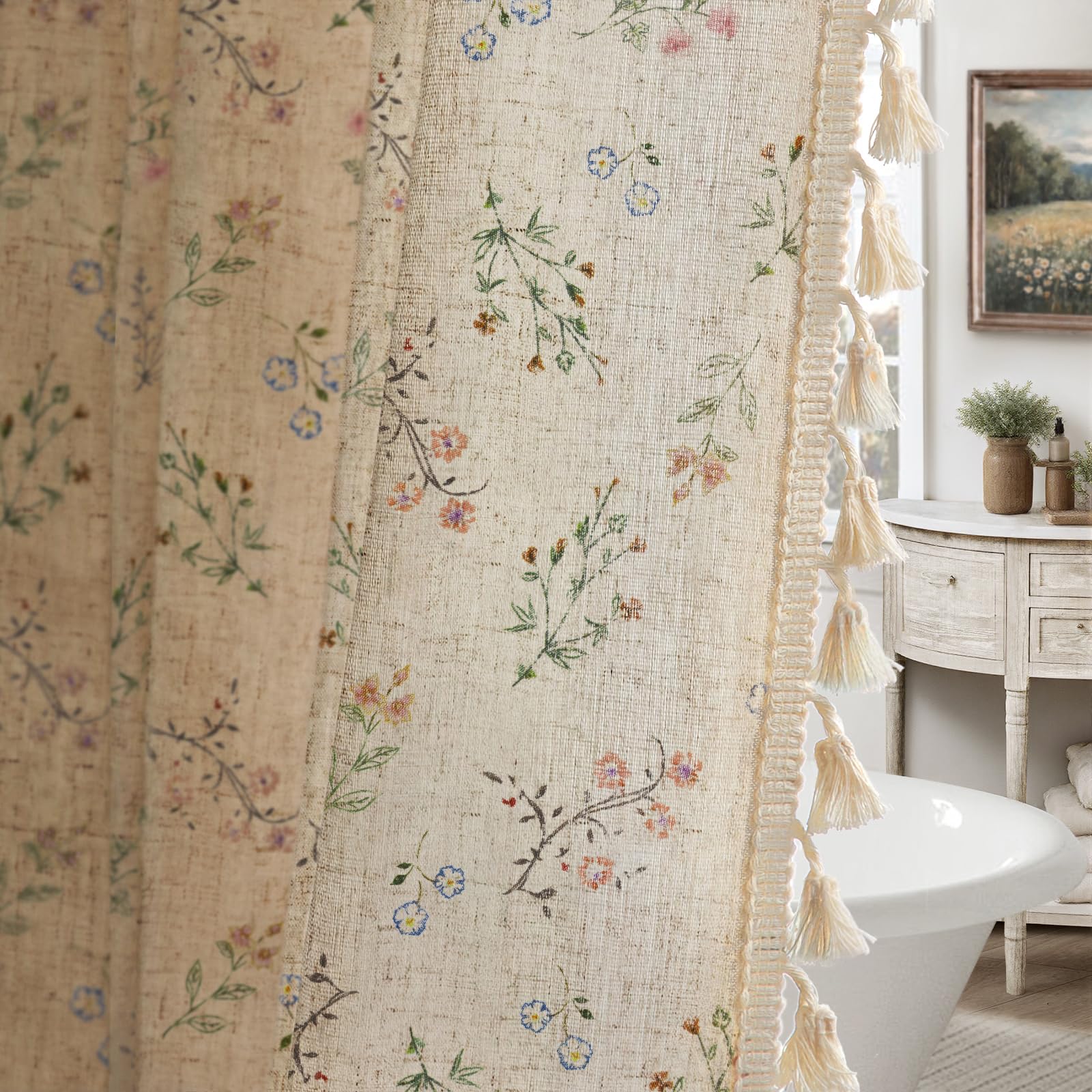 XOGUIBO front view showing floral shower curtain elevating farmhouse decor