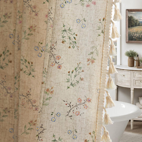 XOGUIBO front view showing floral shower curtain elevating farmhouse decor