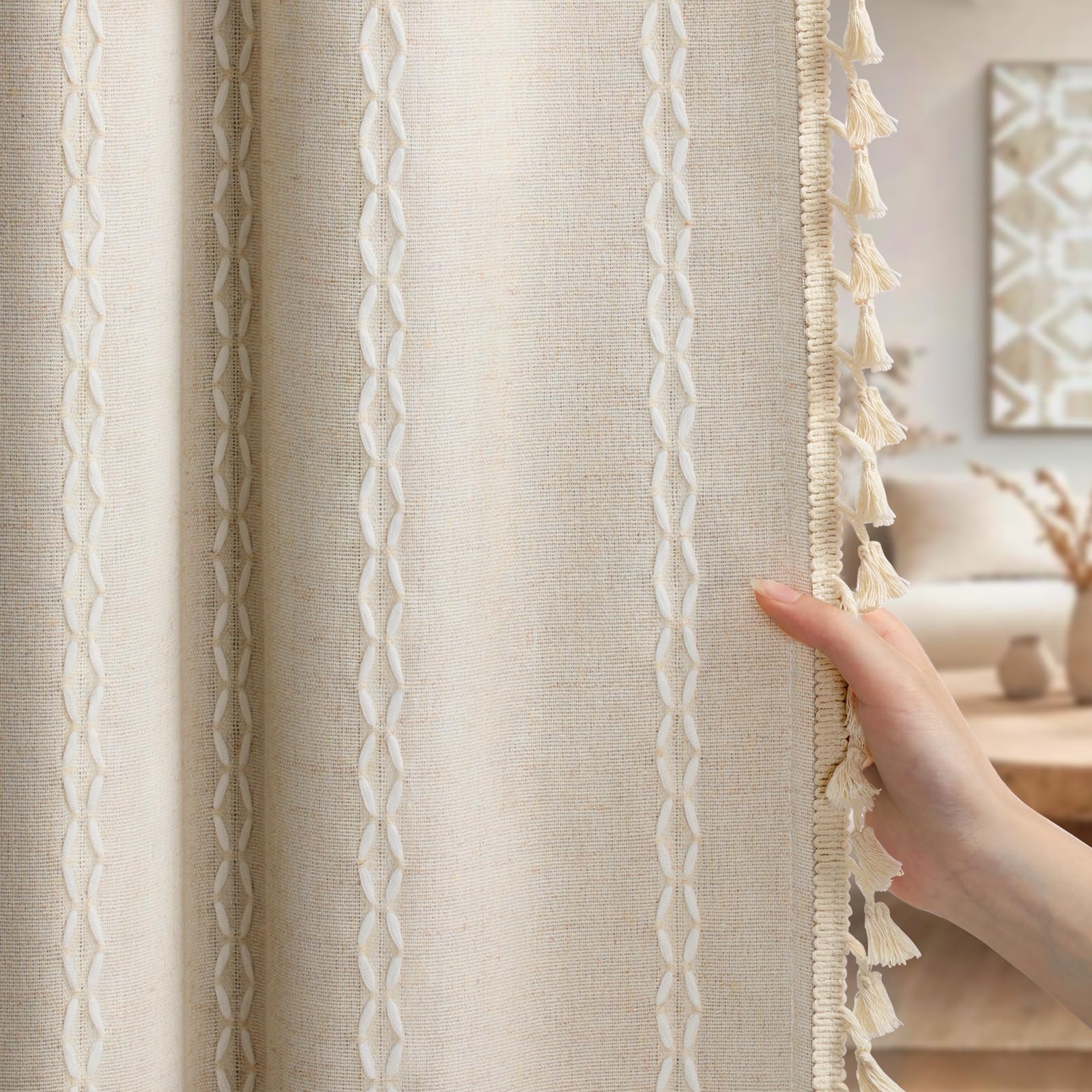 XOGUIBO front view full beige panel showing blackout coverage and boho style