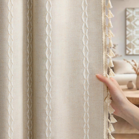 XOGUIBO front view full beige panel showing blackout coverage and boho style
