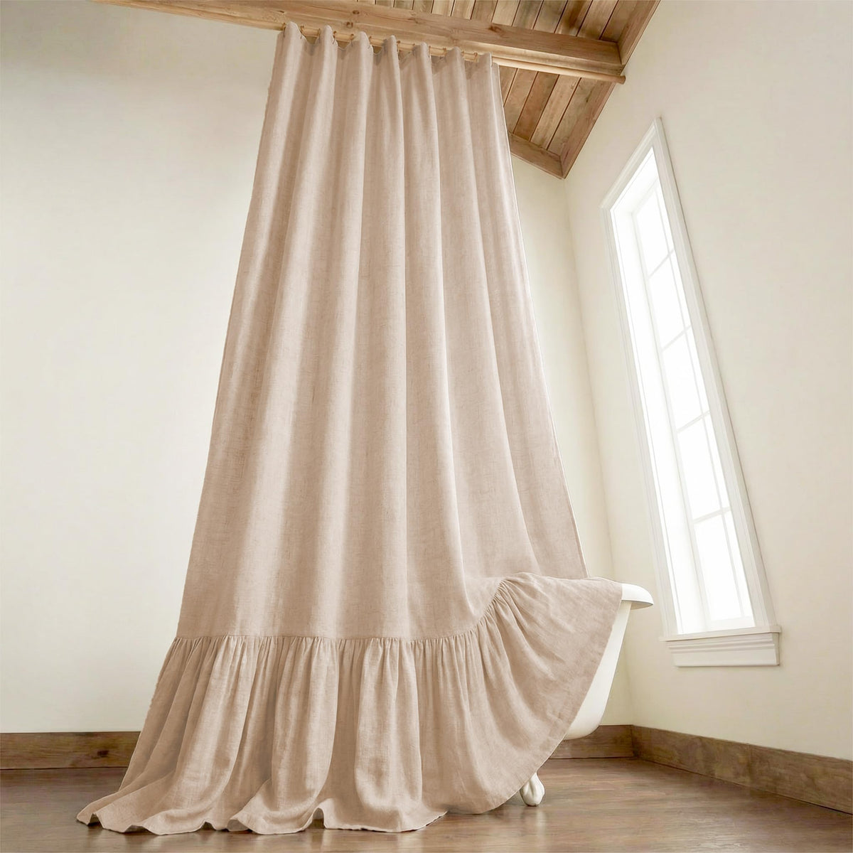 XOGUIBO shower curtain front view shows farmhouse charm and easy upgrade