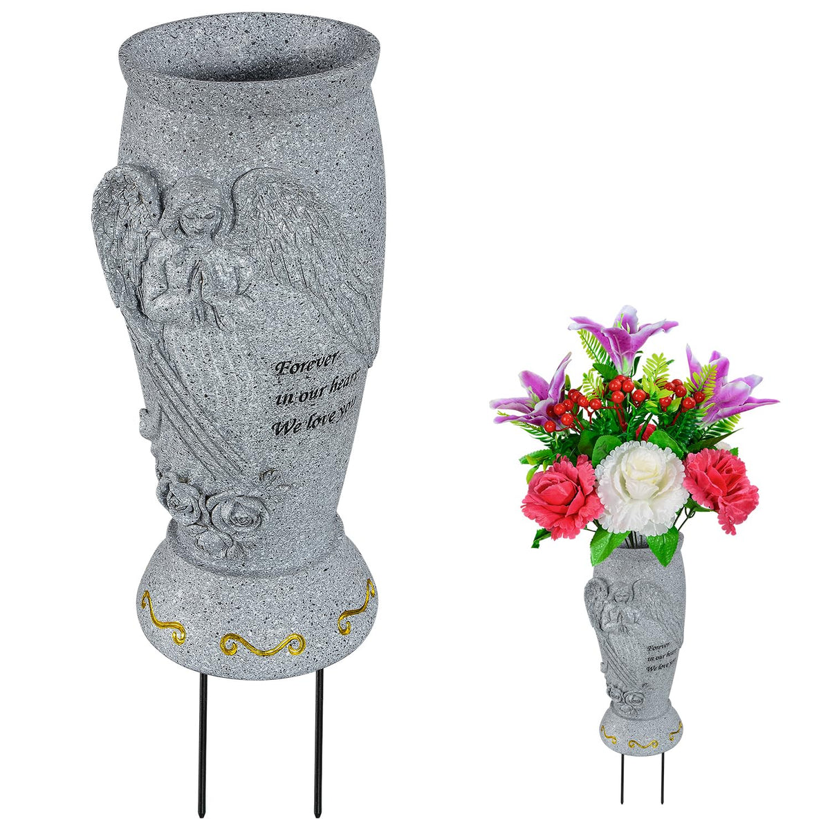 XONOR angel vase front view showing granite finish and elegant shape, durable memorial display
