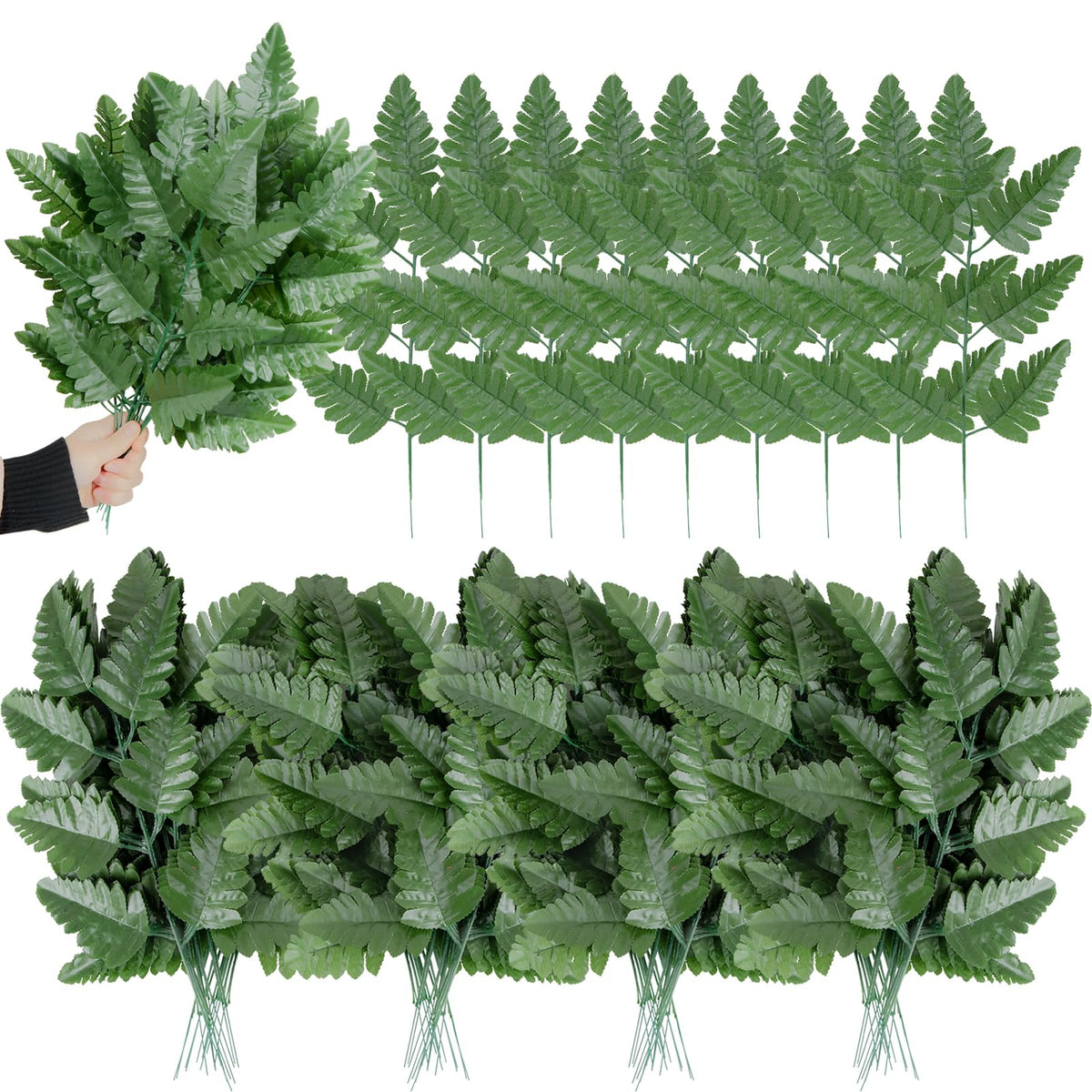 XONOR front view showing 100-pack of dark green fern stems and convenience