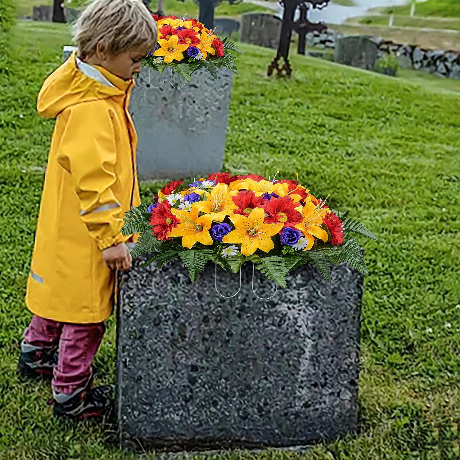 XONOR saddle placed on a headstone showing size and fit for scale
