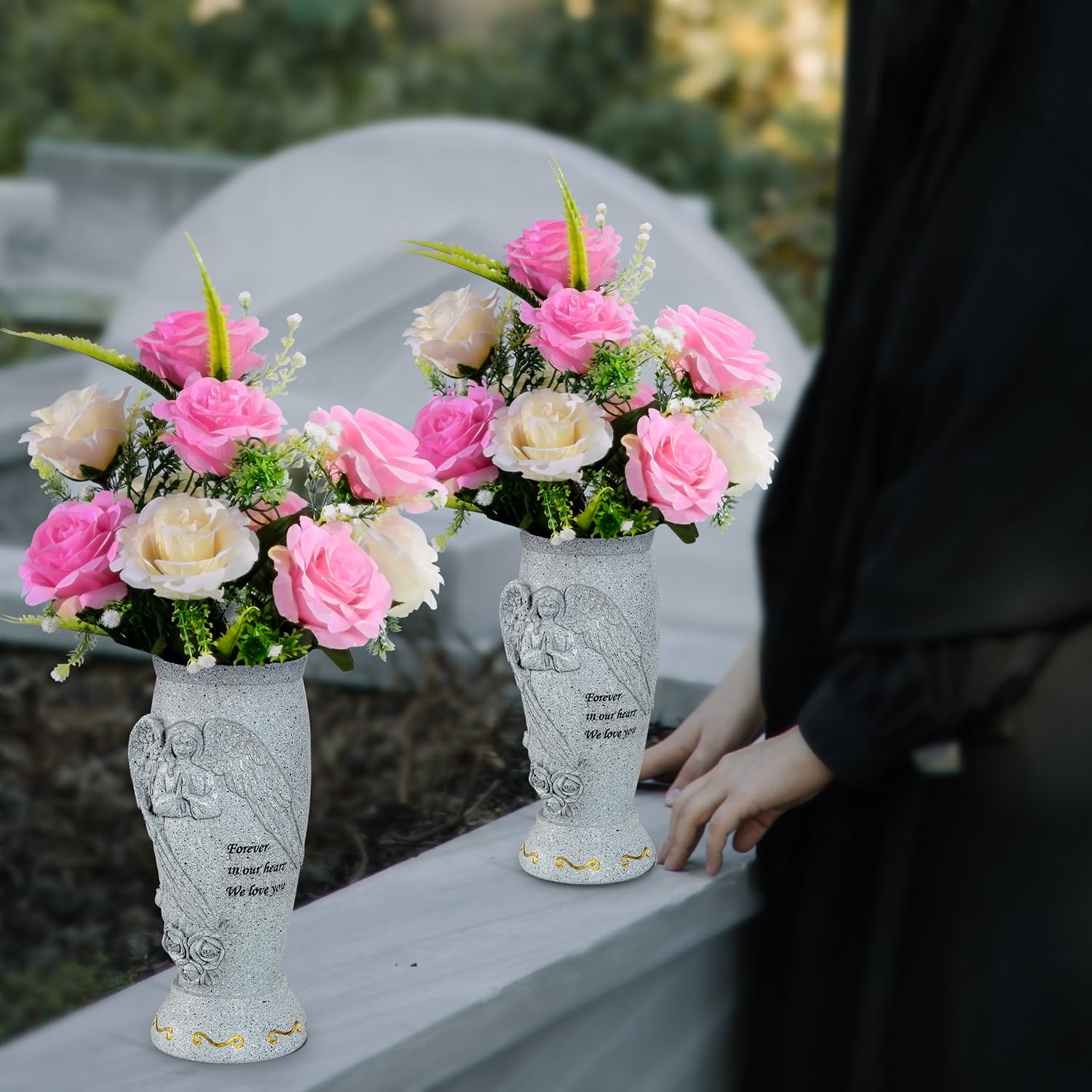 XONOR vase positioned in a cemetery setting, tasteful memorial décor that blends with stones
