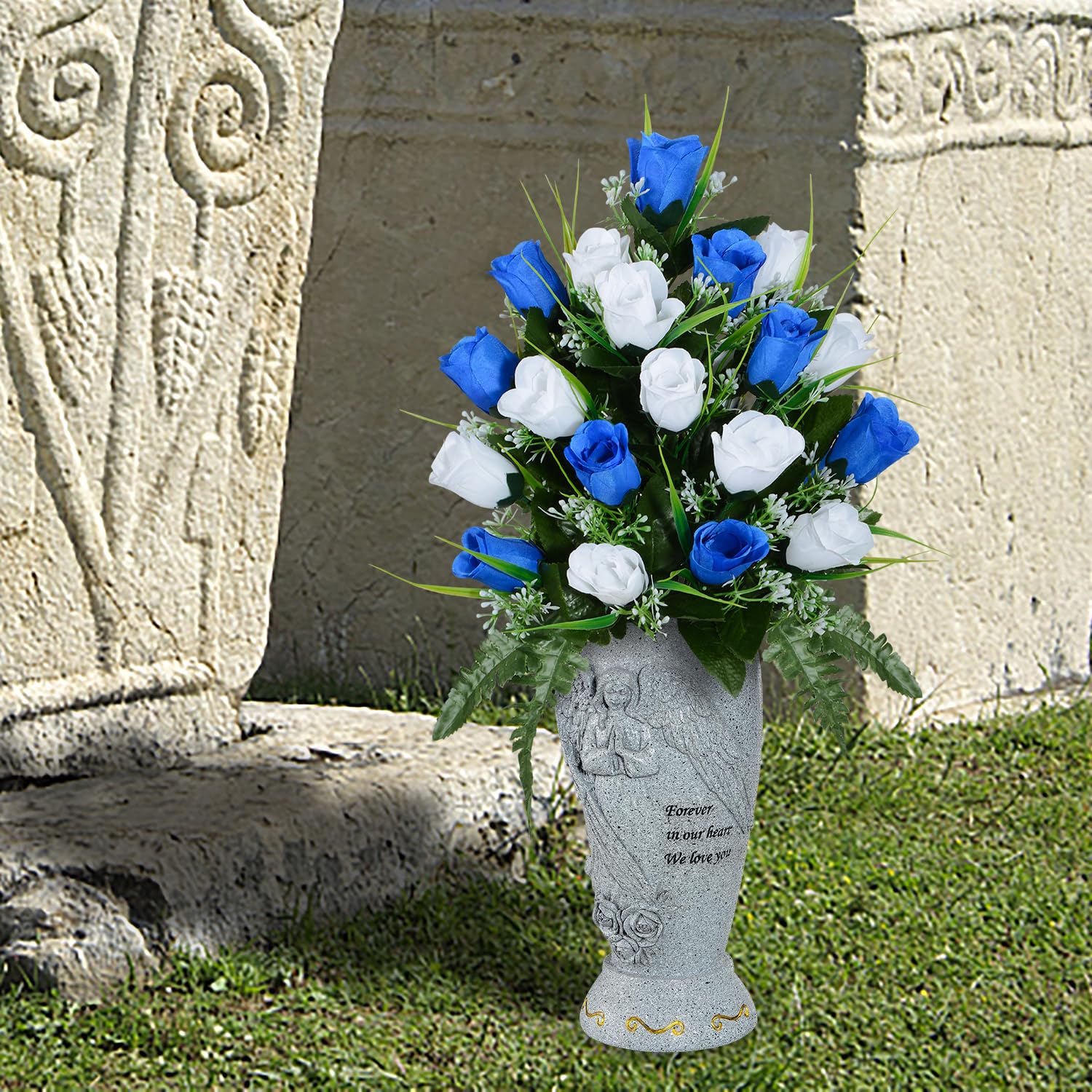 XONOR vase beside headstone for scale, compact and proportionate cemetery placement