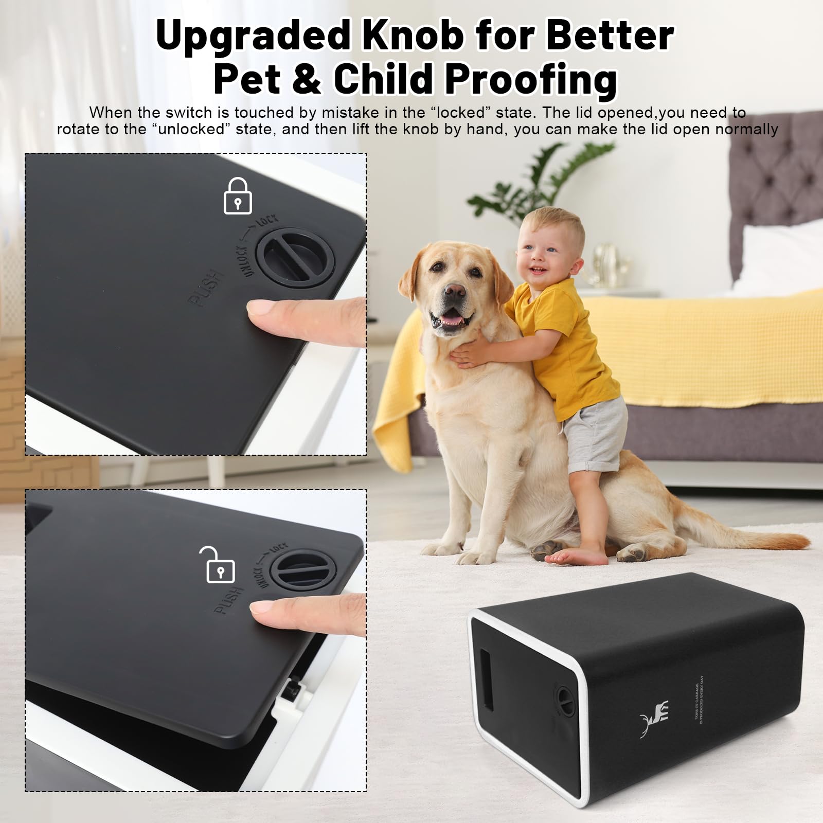 XPIY open lid while trash is inserted demonstrating one-handed use