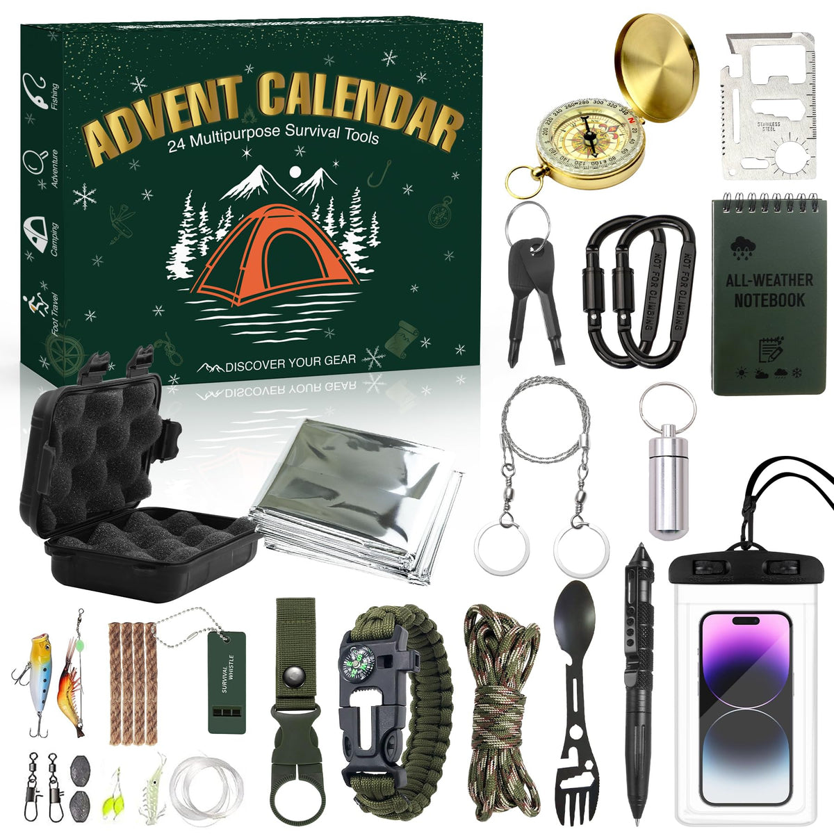 XPQKDC calendar front packaging showing 24-day survival gift set benefit: easy gifting