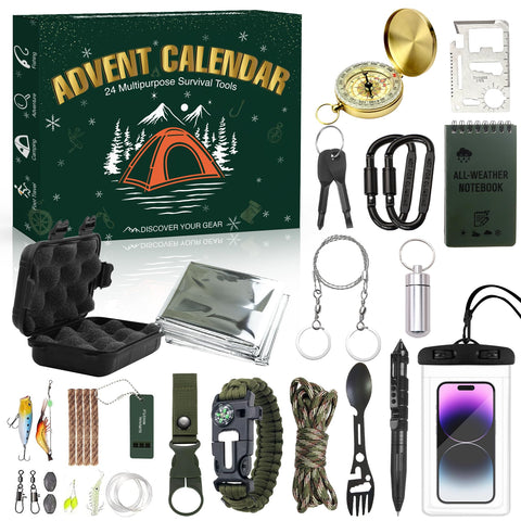 XPQKDC calendar front packaging showing 24-day survival gift set benefit: easy gifting