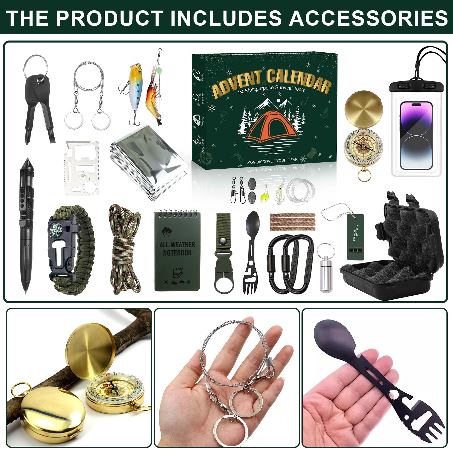 XPQKDC paracord bracelet with kit components flatlay for compact emergency cordage