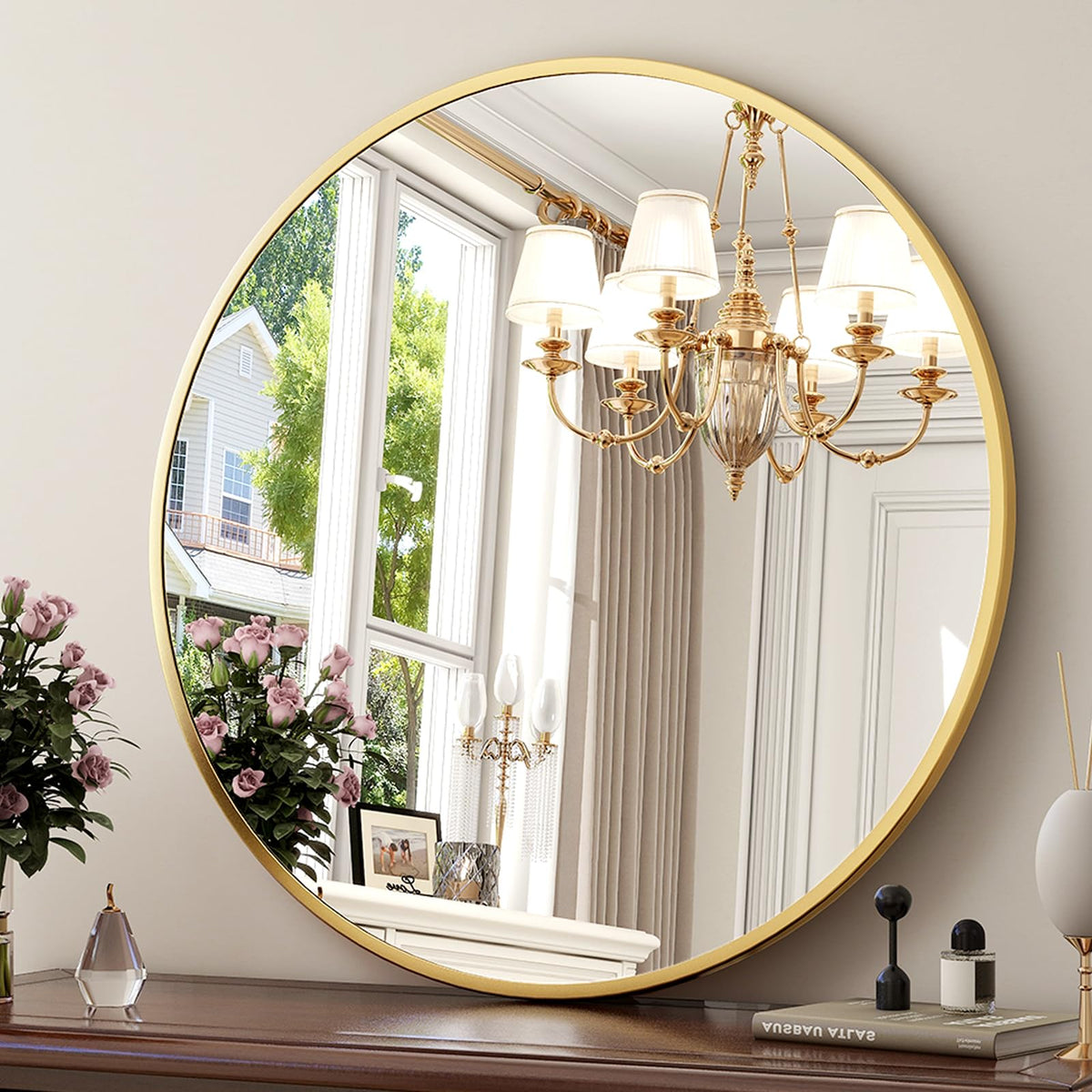XRAMFY front view gold round mirror enhances decor and brightens rooms