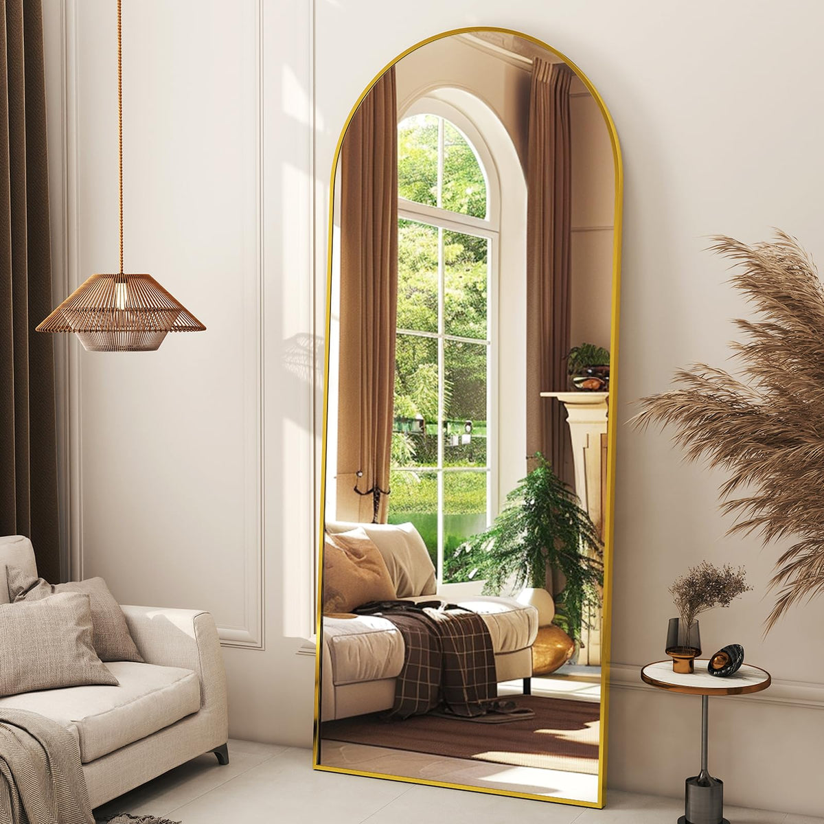 XRAMFY gold arched mirror front view shows elegant full-length reflection benefit