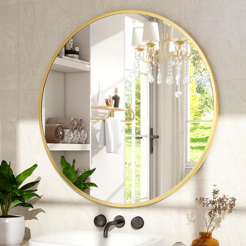 XRAMFY mirror over bathroom vanity showing reflection and brightness benefit: enhances light