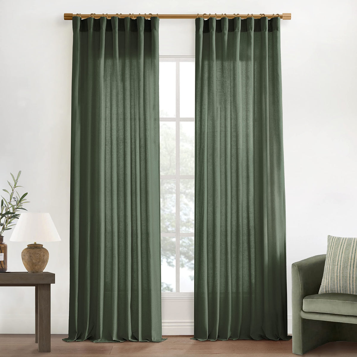 XTMYI front view of olive green curtains adding calming color and privacy