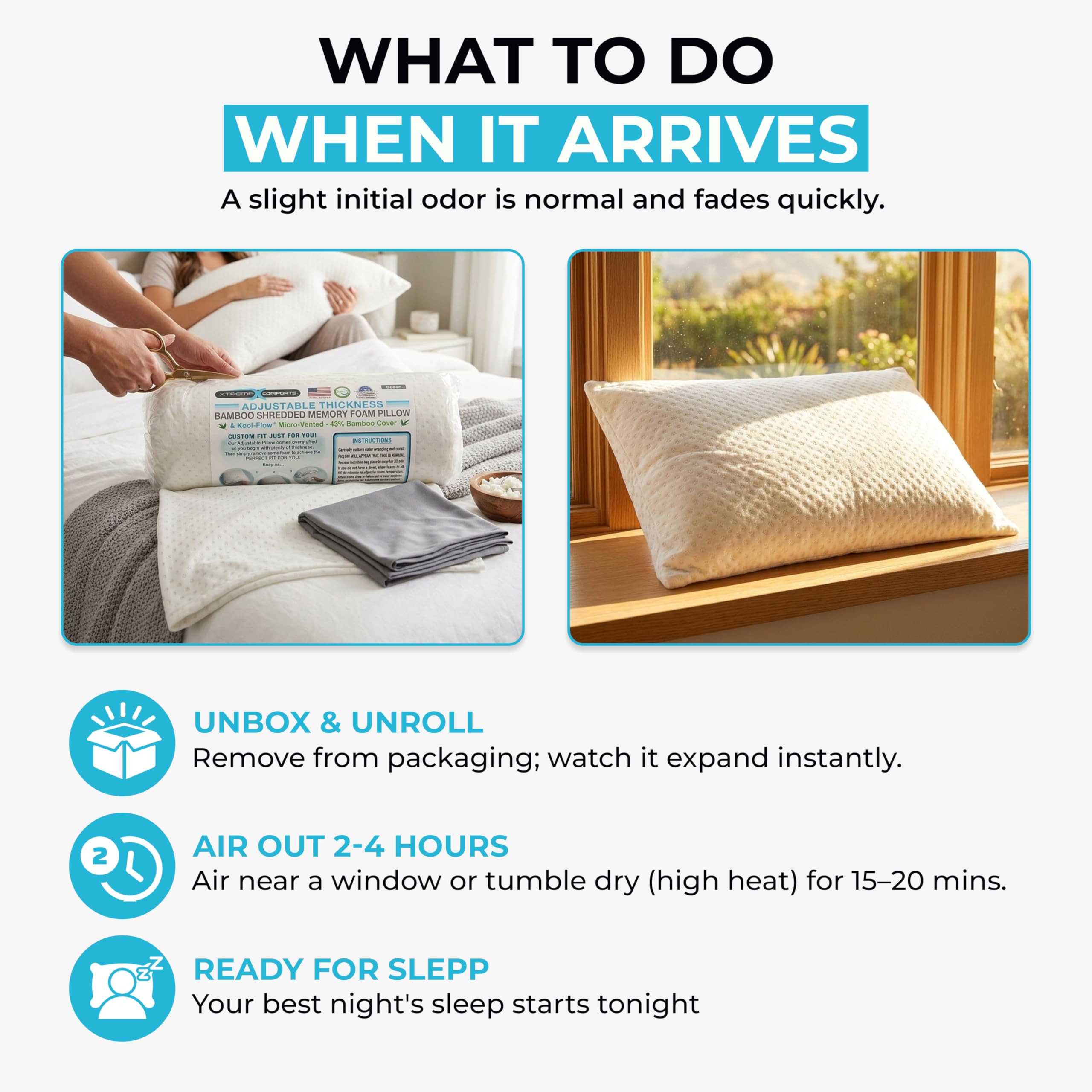 Xtreme Comforts pillows styled on a bed illustrating comfortable bedroom setup