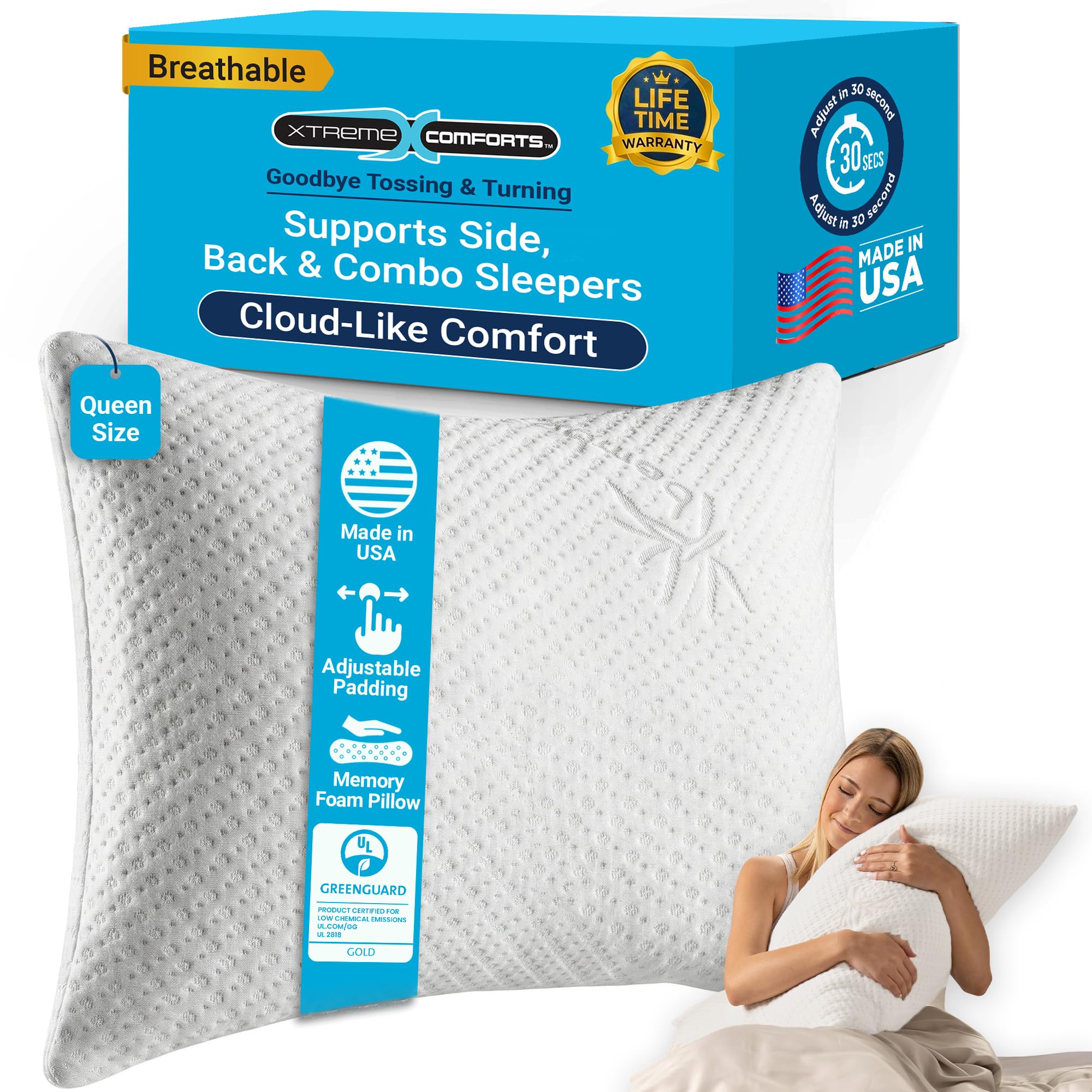 Xtreme Comforts front packaging view showing queen pillow and benefits