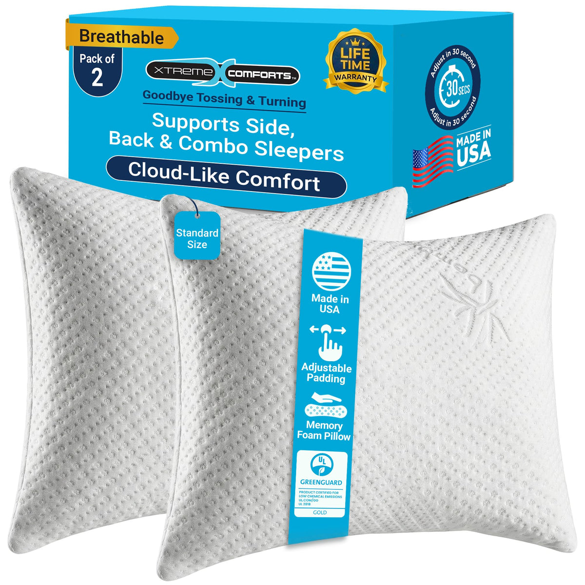 Xtreme Comforts front view of two standard pillows showing plush, adjustable comfort