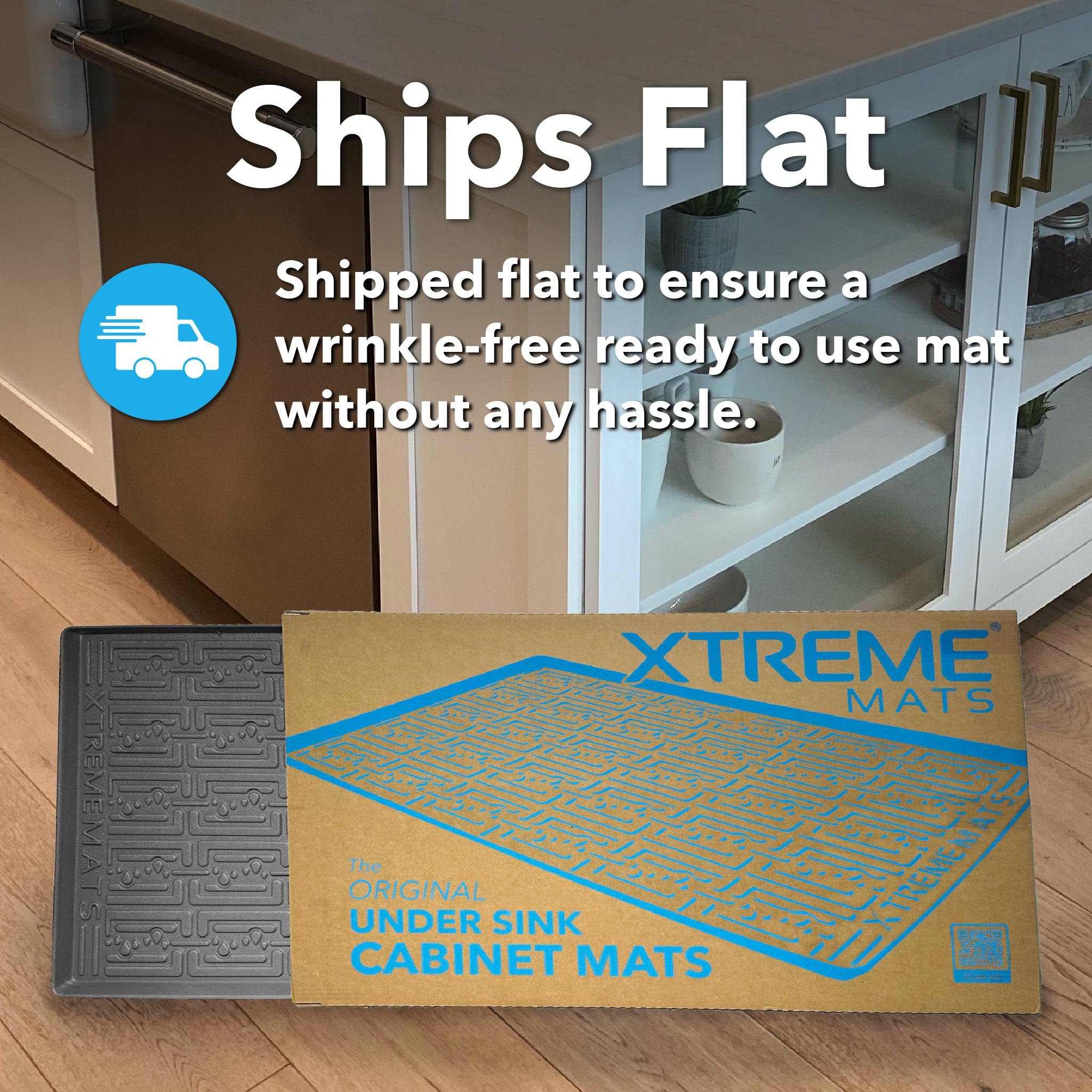 Xtreme Mats in a kitchen setting protects base cabinet from spills