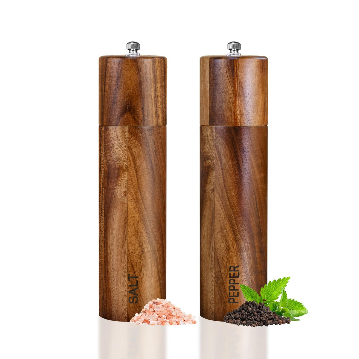 XWXO acacia grinders front view showing elegant wood and functionality