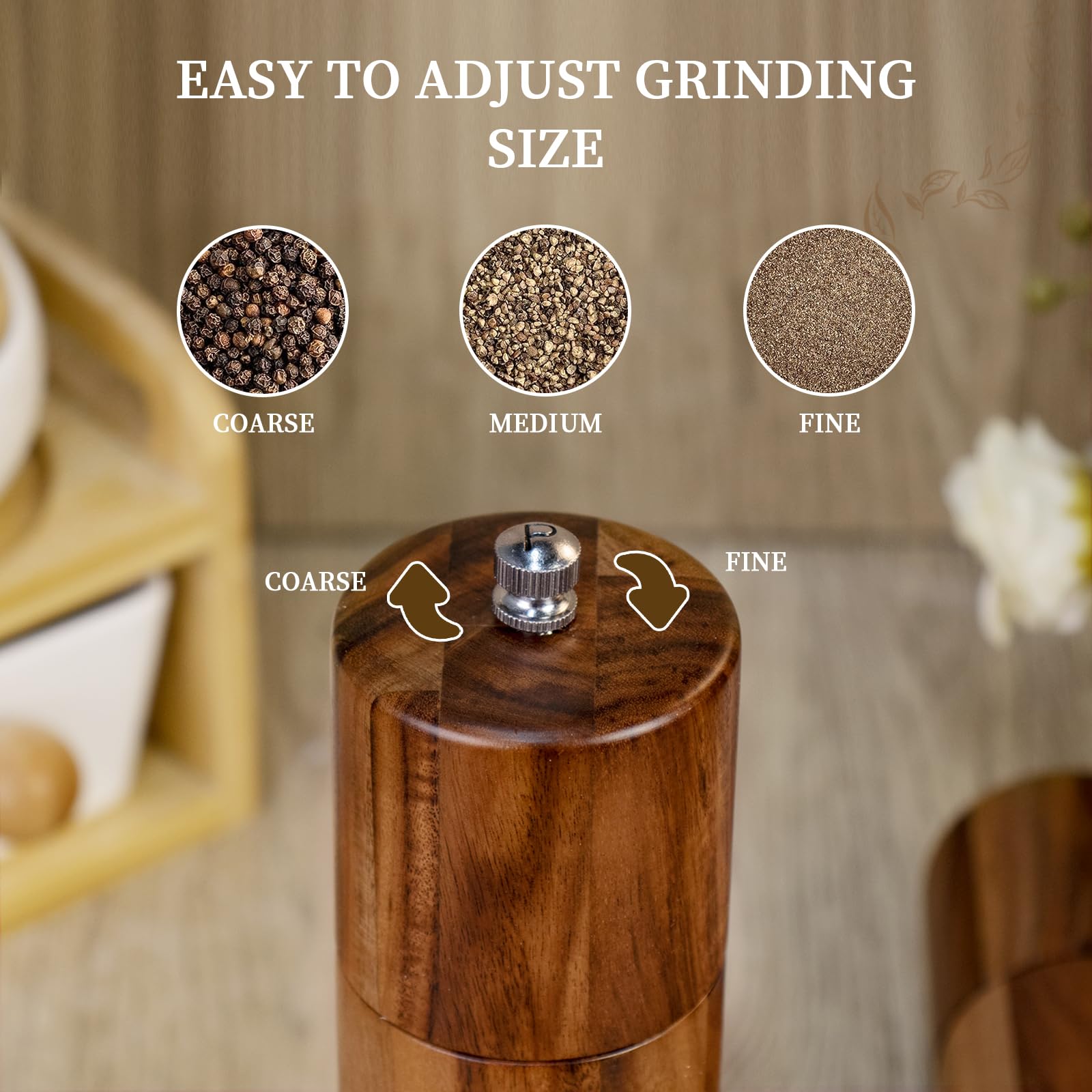 XWXO acacia grinders stainless detail emphasizing polished accents and longevity