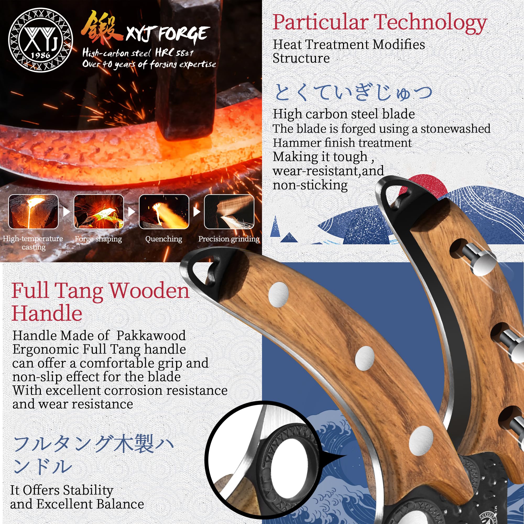 XYJ hammered blade detail emphasizing reduced sticking and sharpness advantage