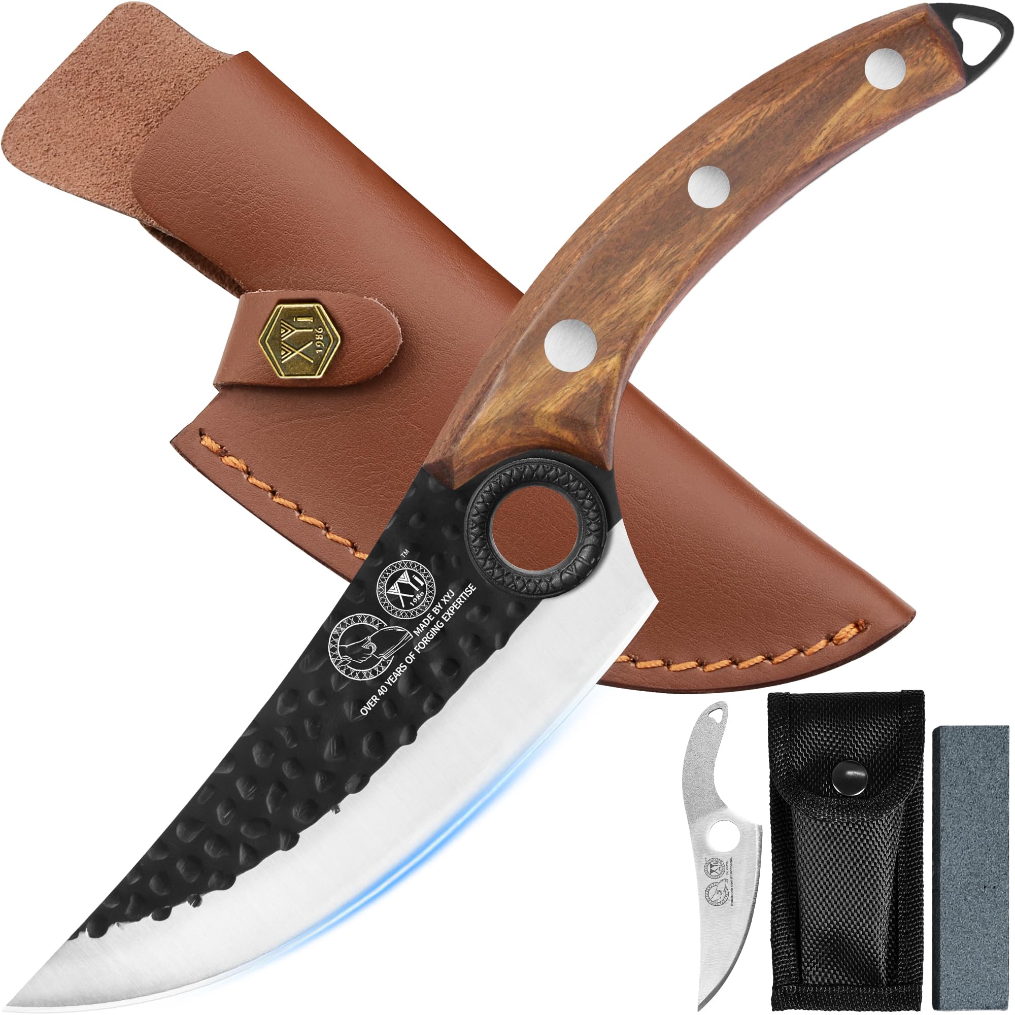 XYJ boning knife front view showing full tang and blade, clear cutting precision