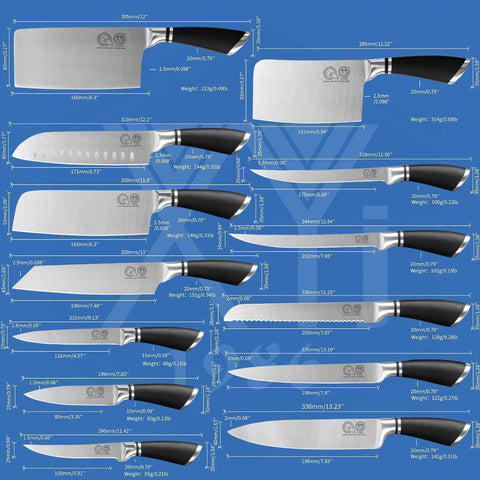 XYJ array of knives laid out on a countertop demonstrating versatile cutting options