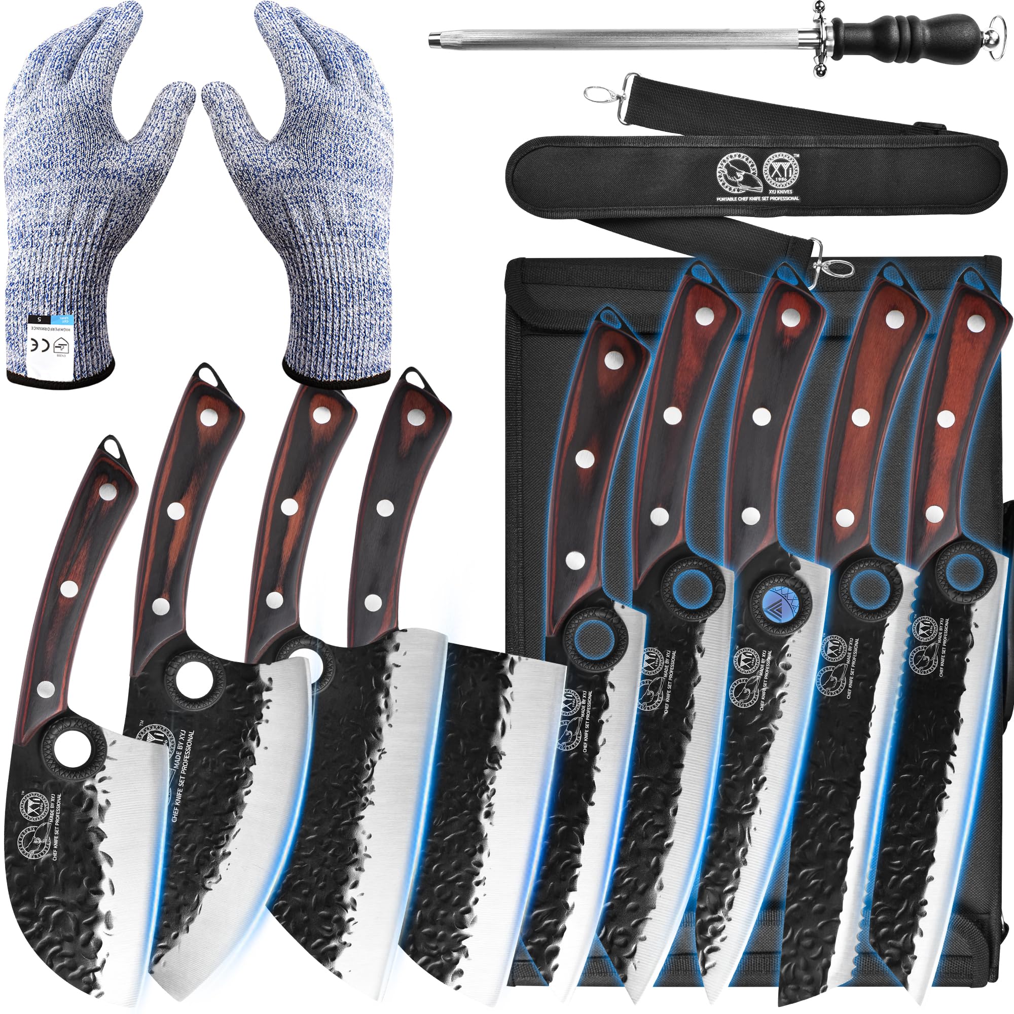 XYJ front view of chef knife set showing organized blades and travel-ready design benefit portability