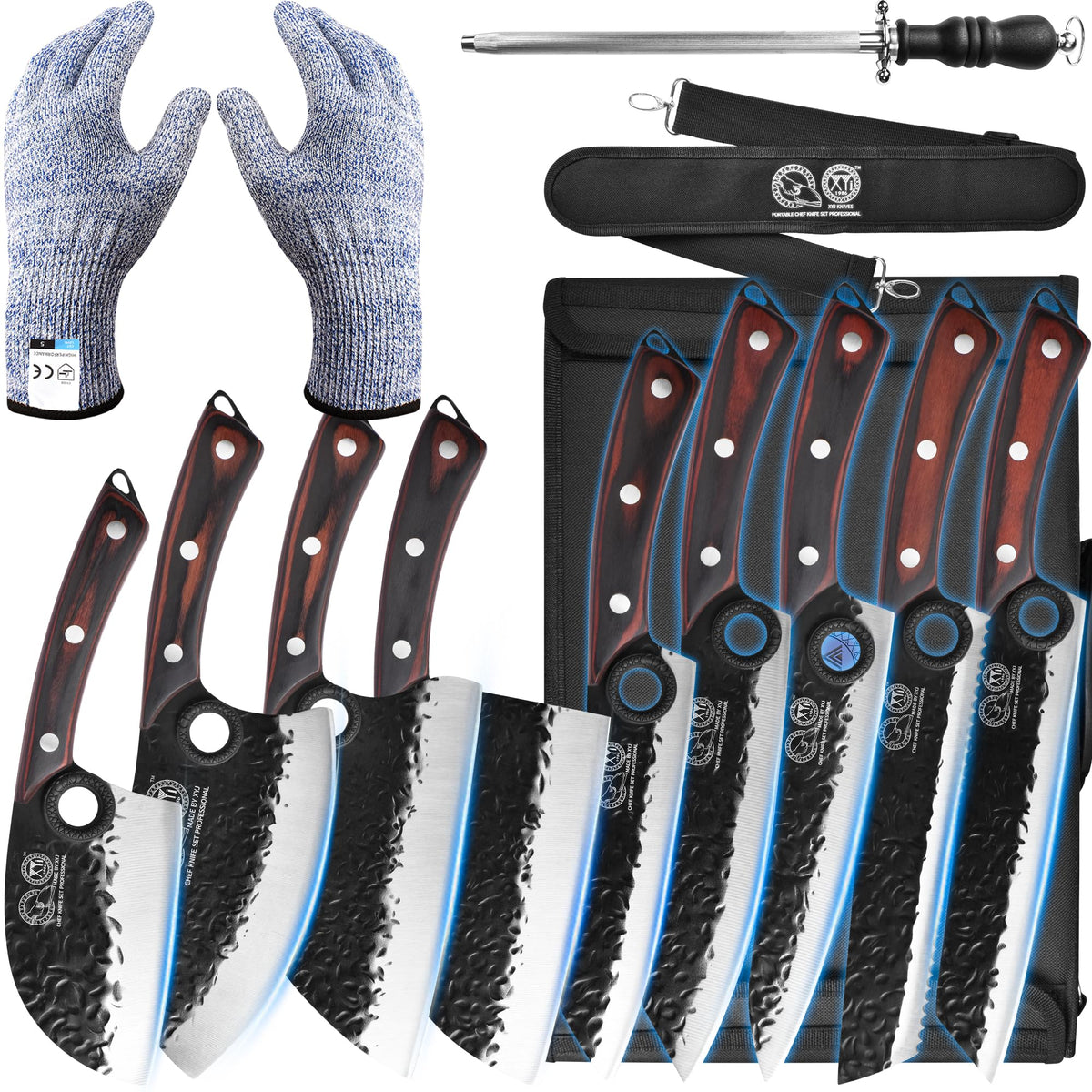 XYJ front view of chef knife set showing organized blades and travel-ready design benefit portability