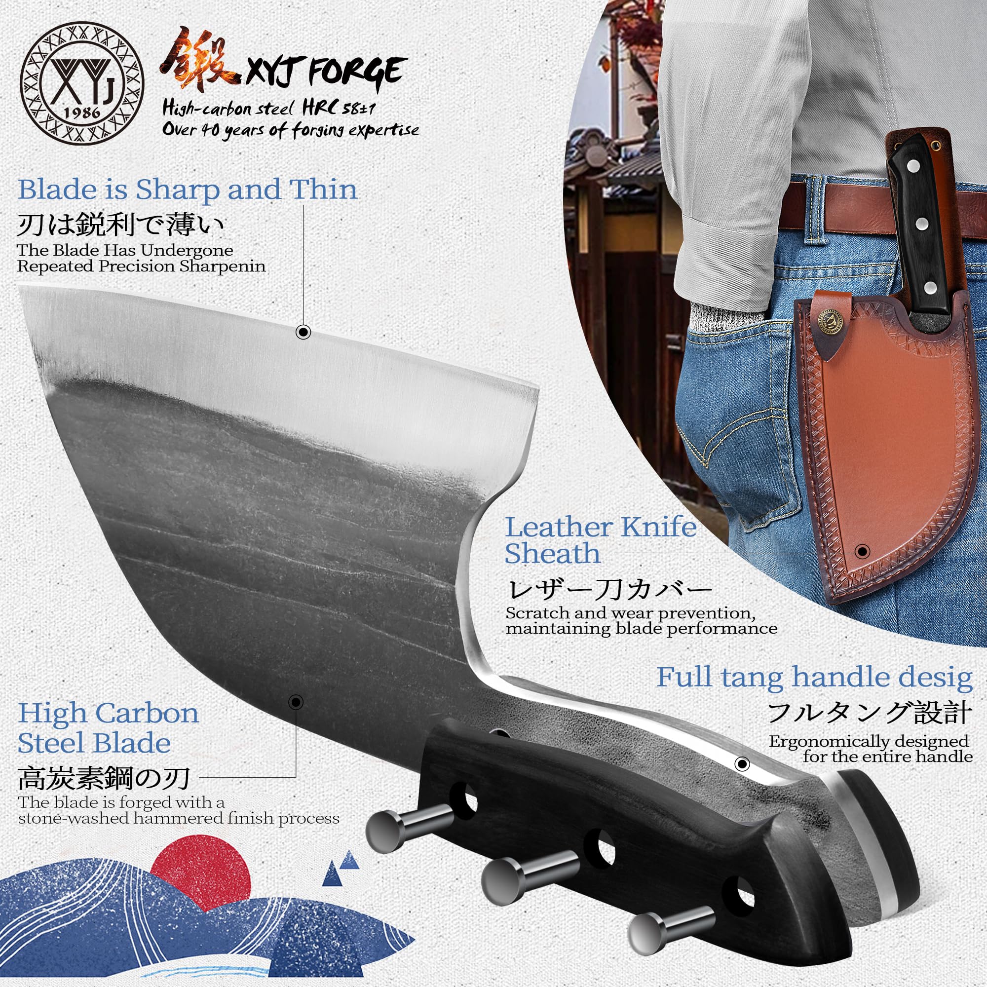XYJ full-tang handle detail showing rivets and ergonomic grip for comfort