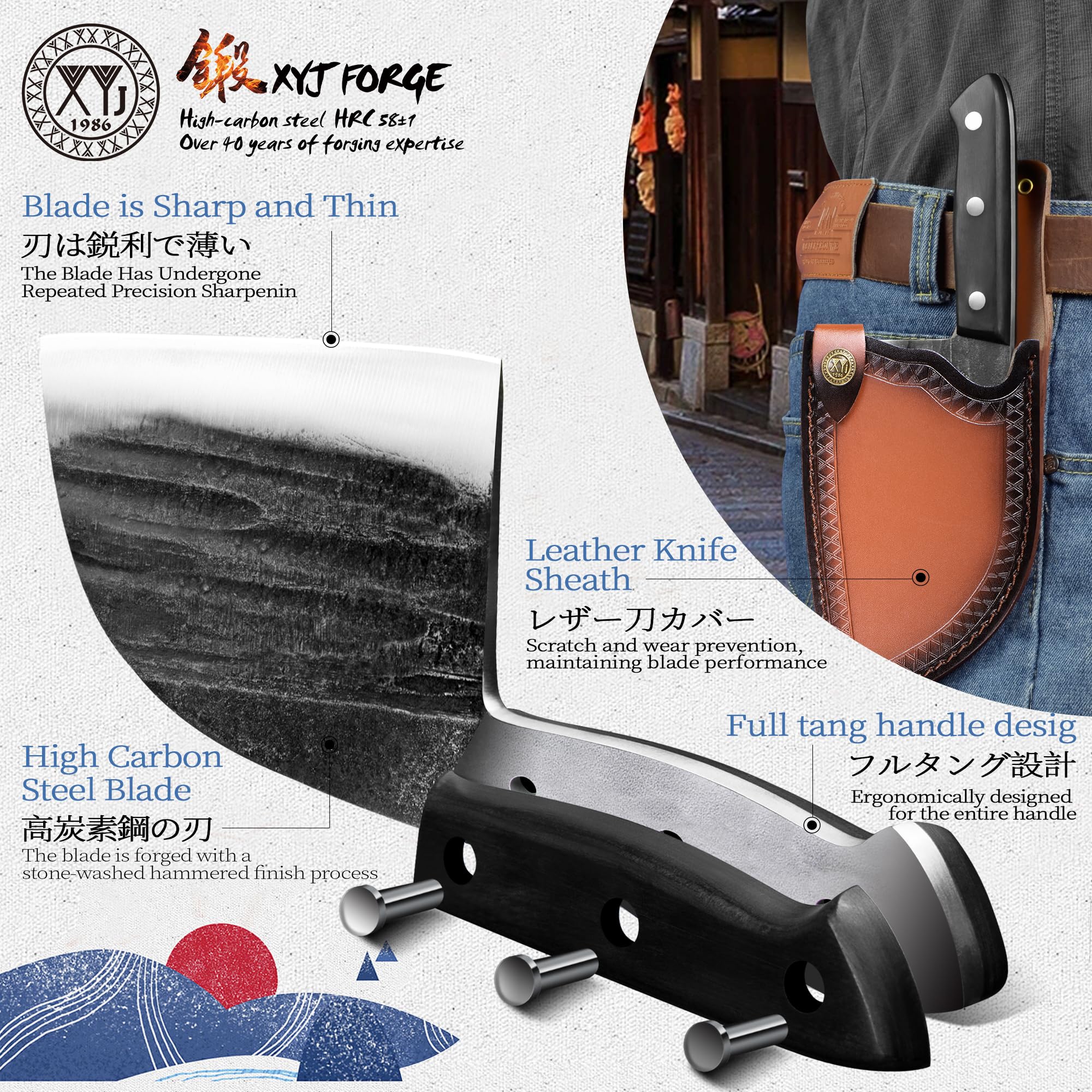 XYJ knife in leather sheath on belt demonstrating easy carry and quick access
