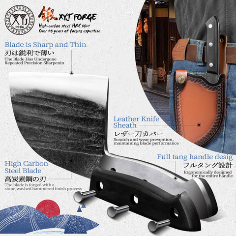 XYJ knife in leather sheath on belt demonstrating easy carry and quick access