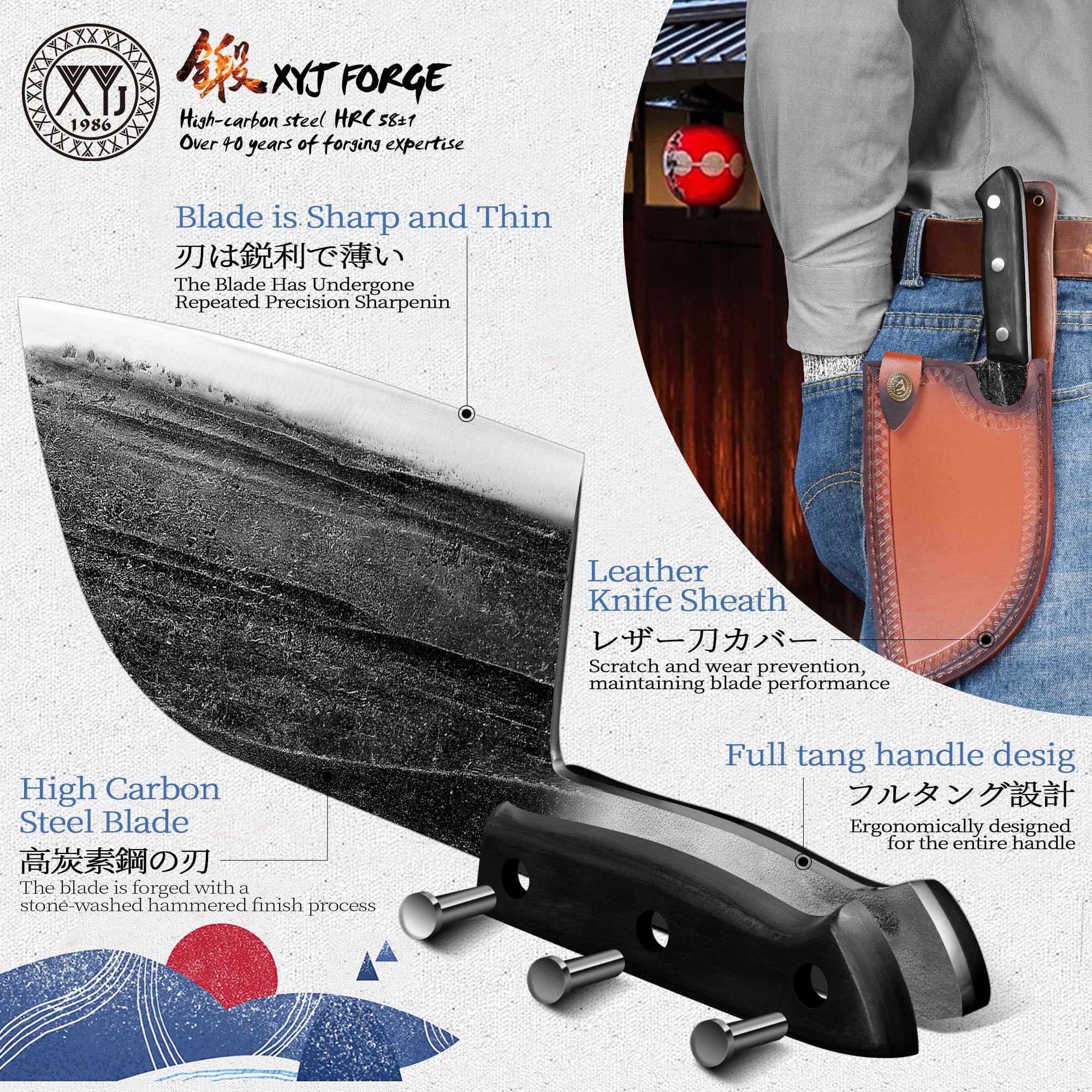 XYJ leather sheath with belt loop protecting blade for safe transport