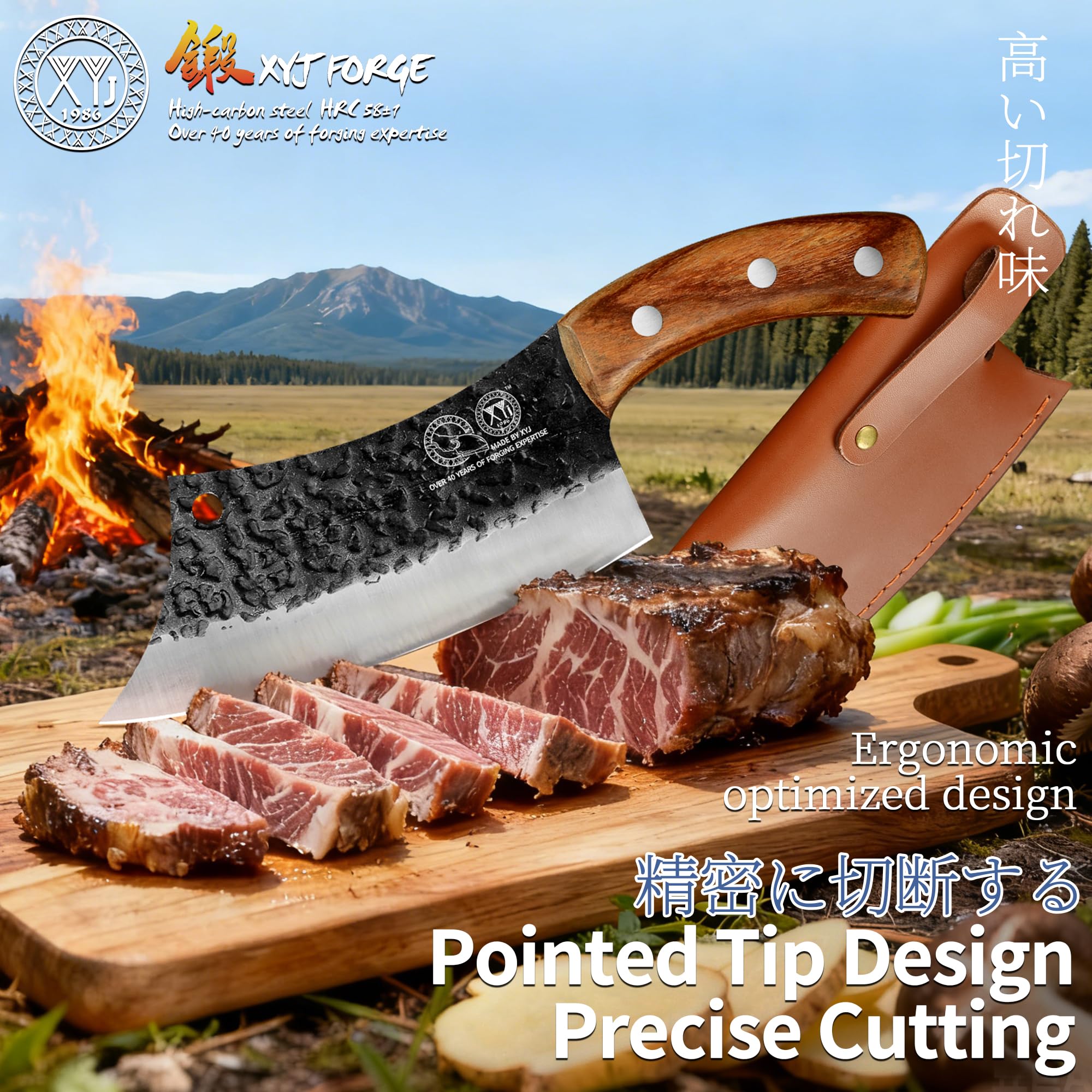 XYJ in kitchen slicing meat to demonstrate sharpness and precise cutting
