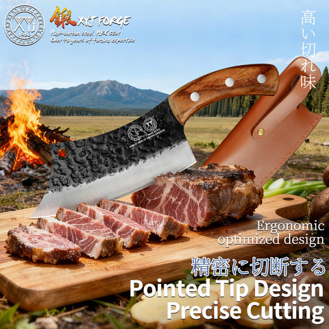 XYJ in kitchen slicing meat to demonstrate sharpness and precise cutting
